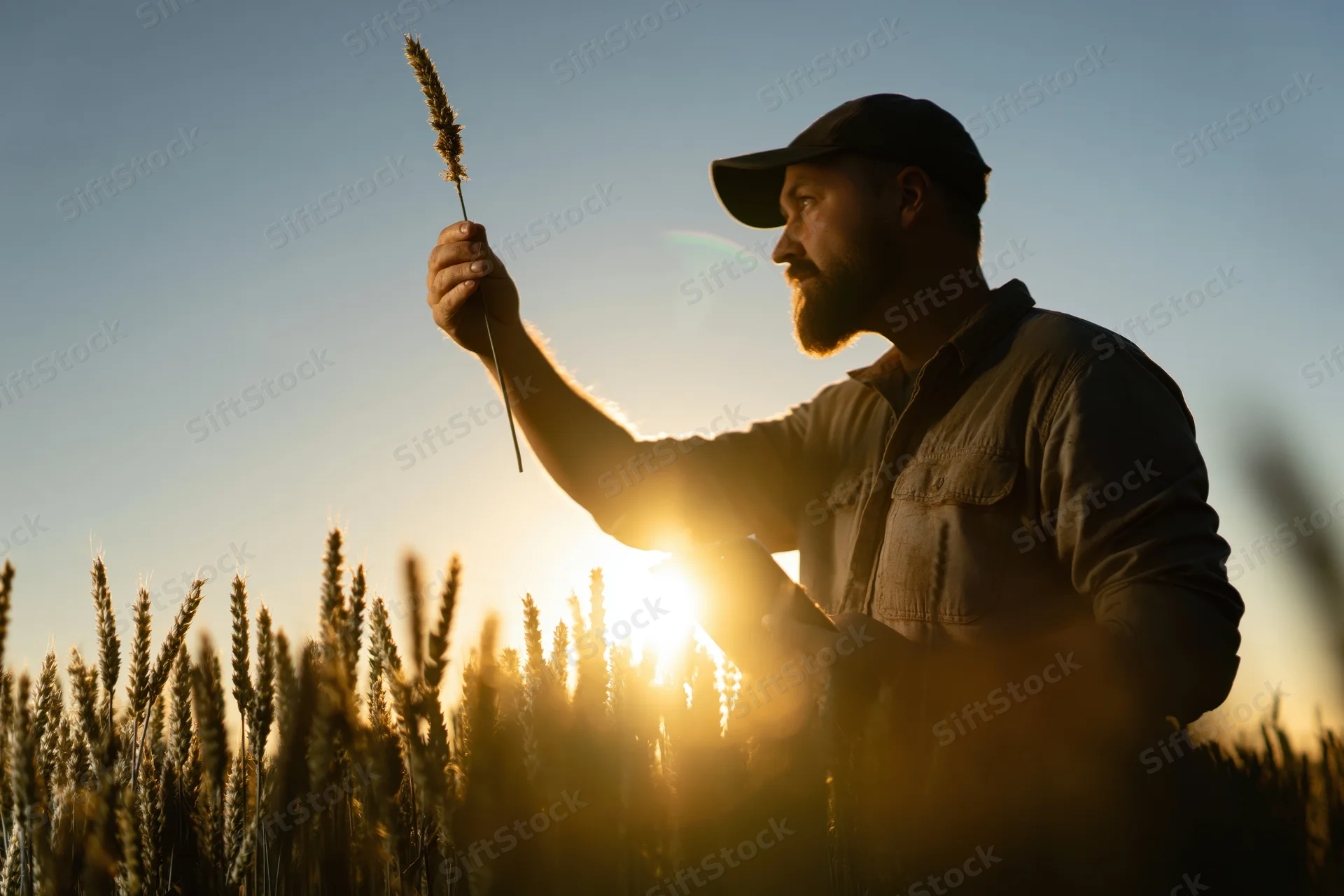 Farmer holding wheat stalk in field at sunset