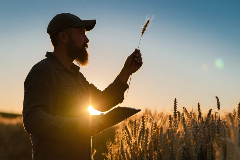 Farmer inspecting wheat in a field at sunset