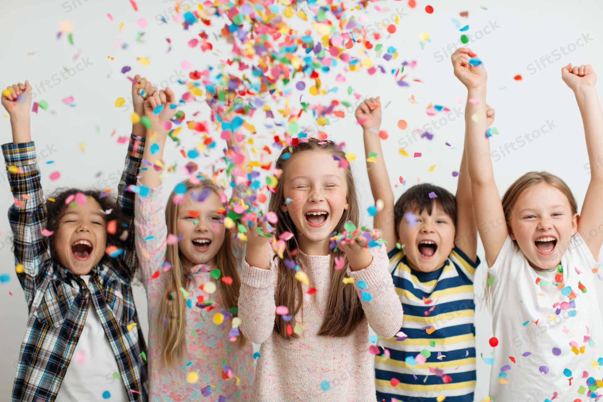 Five children cheering with arms raised amidst falling confetti in a studio setting