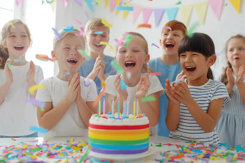 Children laughing and clapping around a rainbow-layered birthday cake at a party table