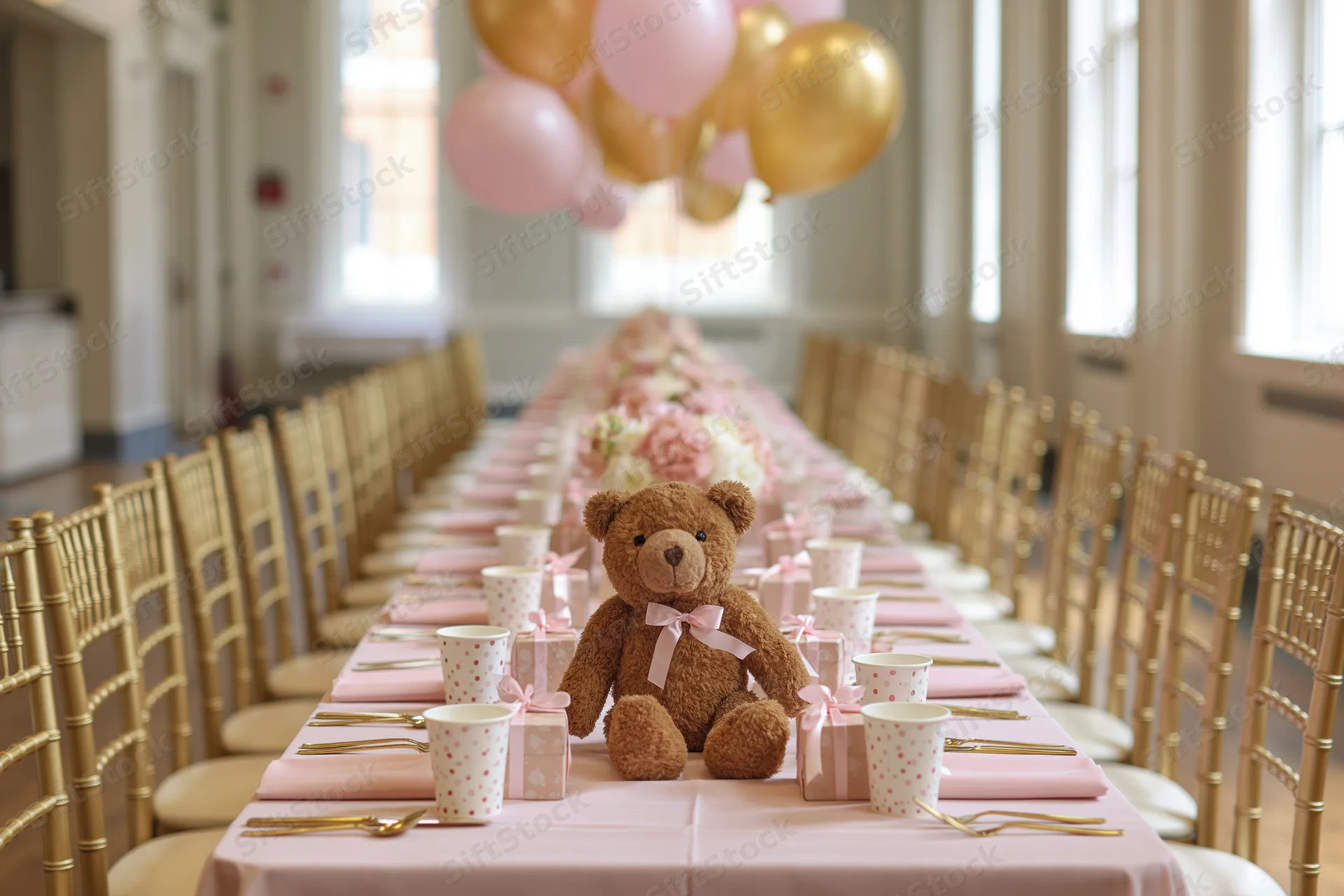 Long banquet table set for a girl's birthday party with pink and gold decorations, teddy bear centerpiece, and matching tableware