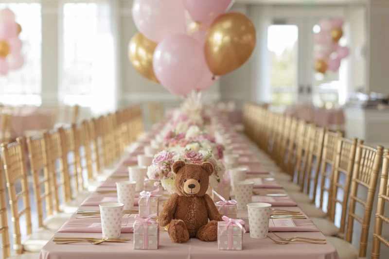 Long banquet table set for a girl's birthday party with pink and gold decorations, floral centerpieces, teddy bear, gifts, and chairs lined on both sides