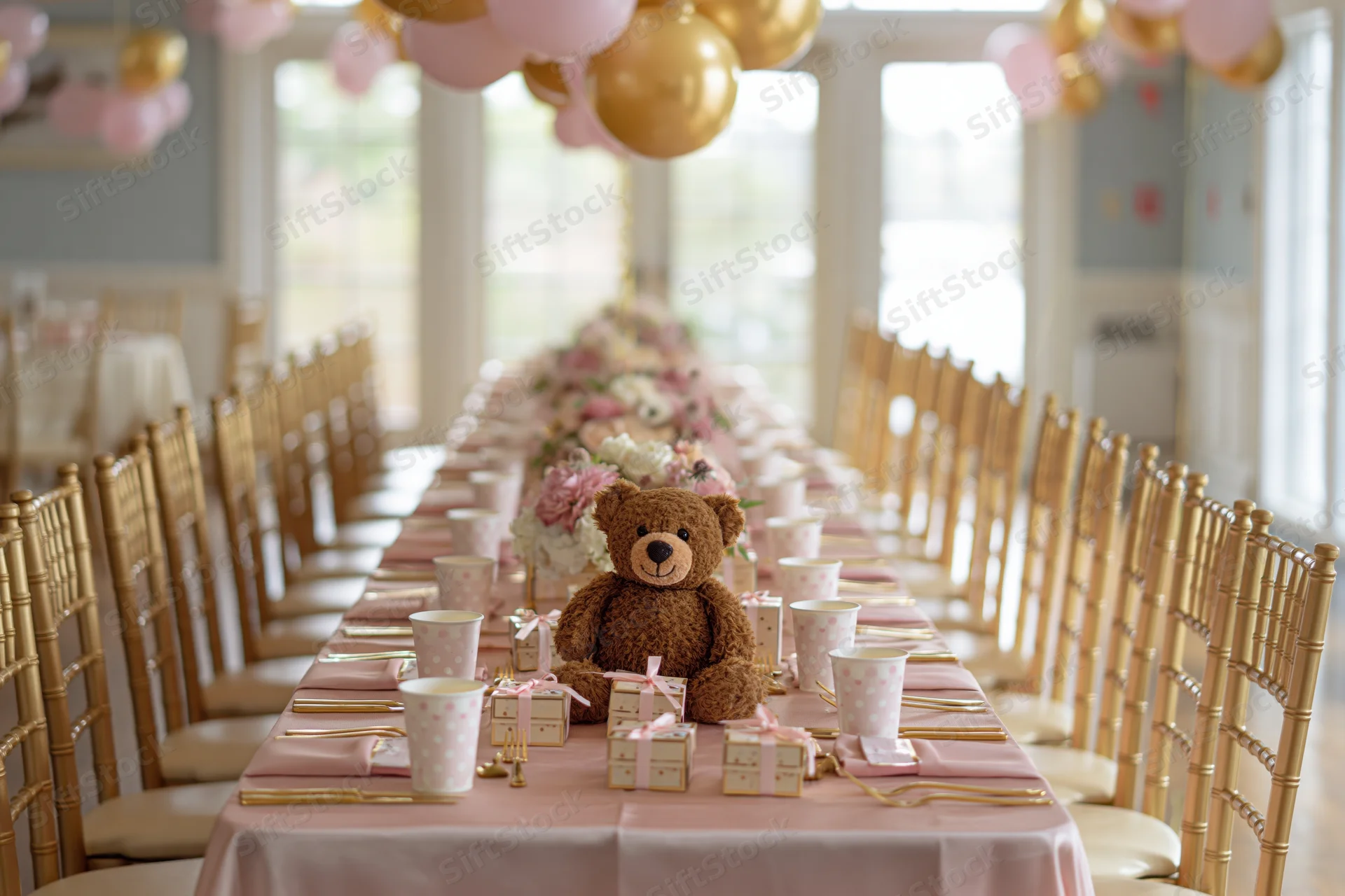 Long banquet table set for a girl's birthday party with pink and gold decorations, teddy bear centerpiece, and matching tableware