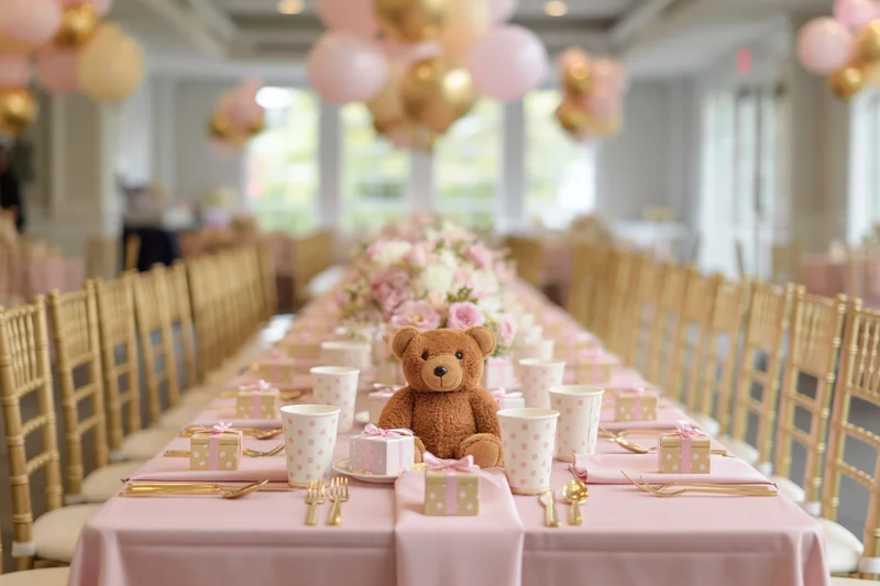 Long banquet table set for a girl's birthday party with pink and gold decorations, floral centerpiece, teddy bear, gifts, and place settings