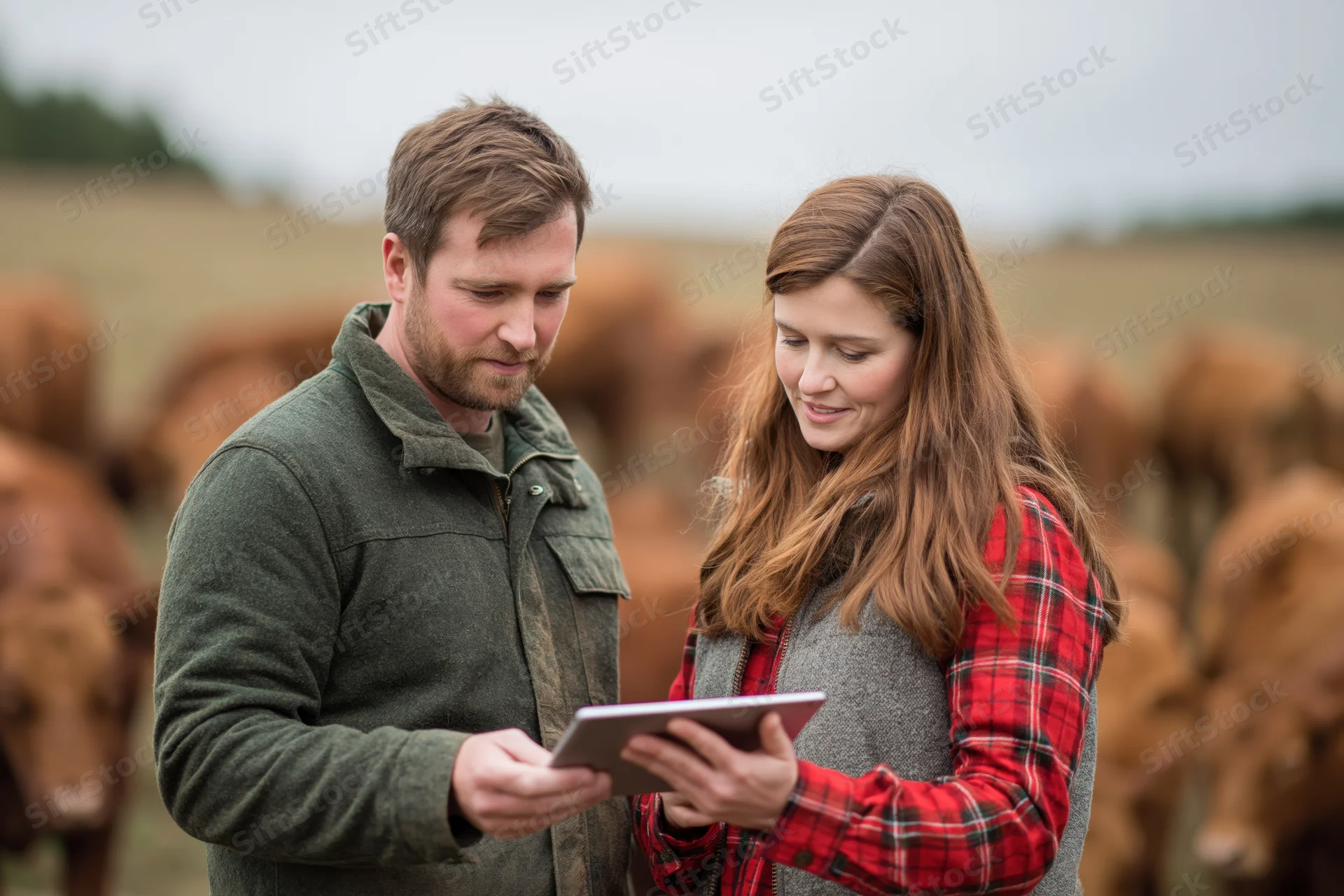 Man and woman farmers examining a tablet in a pasture with cattle behind them