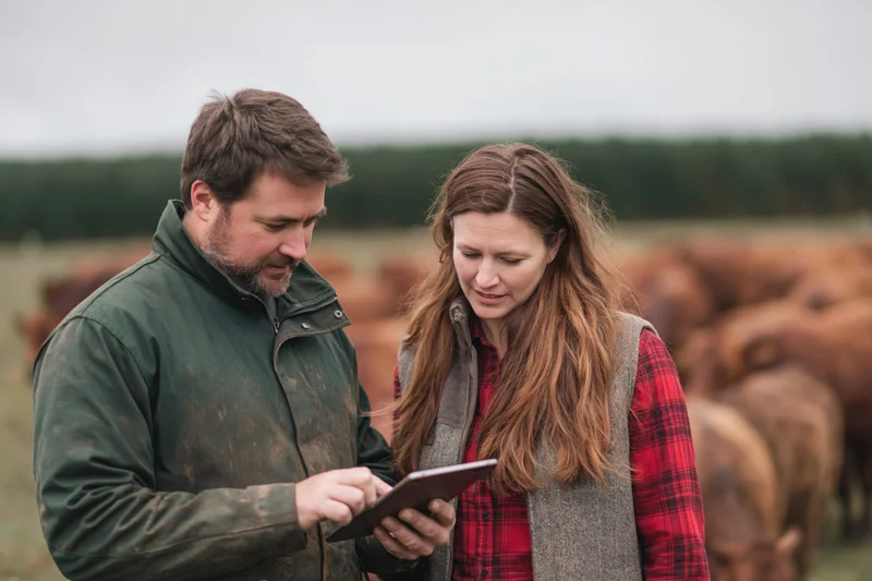 Man and woman farmers examining a tablet in a pasture with cattle behind them