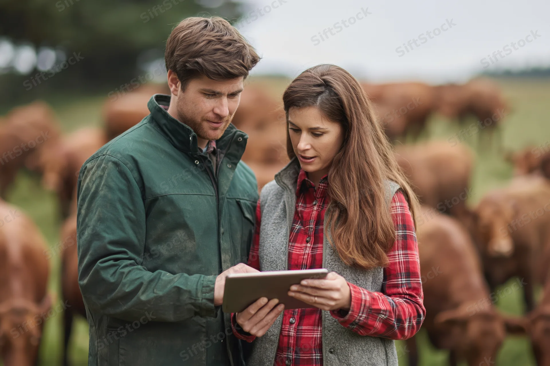Man and woman farmers examining a tablet together in a pasture with cattle grazing around them