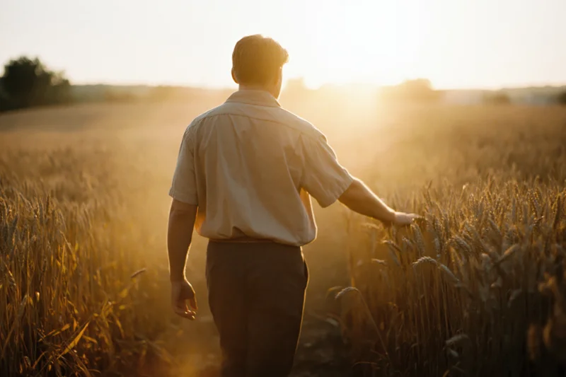 Man walking through wheat field at sunset brushing stalks with hand