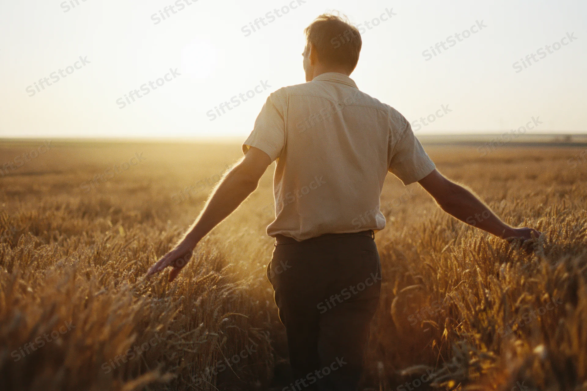 Man walking through wheat field at sunset with arms outstretched, back to camera
