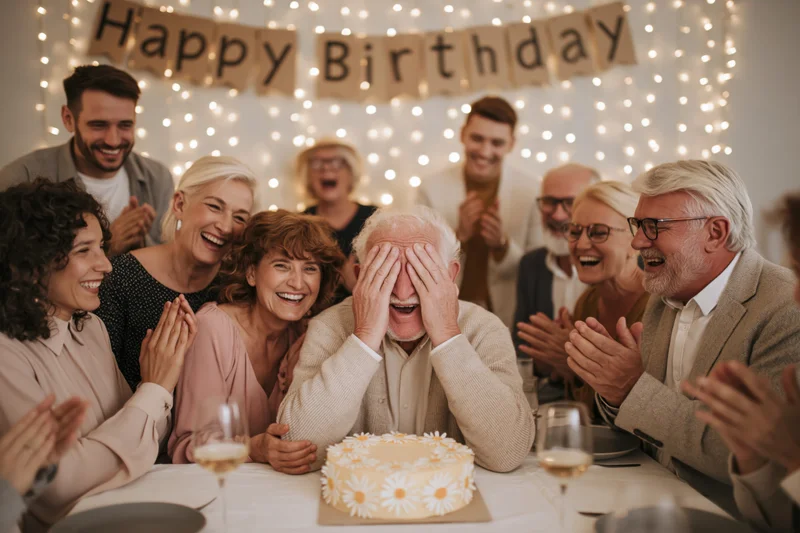 Elderly man covering his eyes with hands at a birthday party surrounded by family clapping around a decorated cake on a dining table
