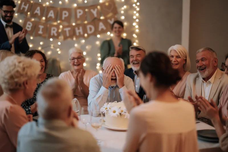 Elderly man covering his face with hands at a family birthday celebration around a decorated table with cake and string lights
