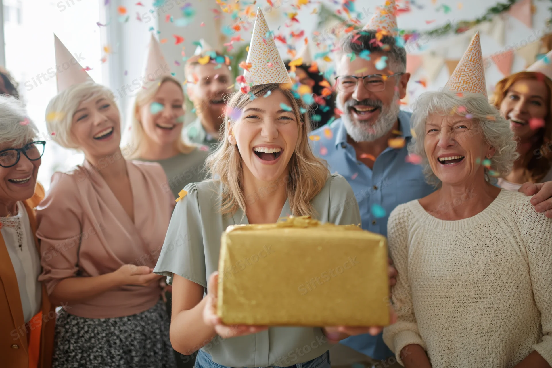 Woman holding wrapped gift at family birthday party with confetti and party hats