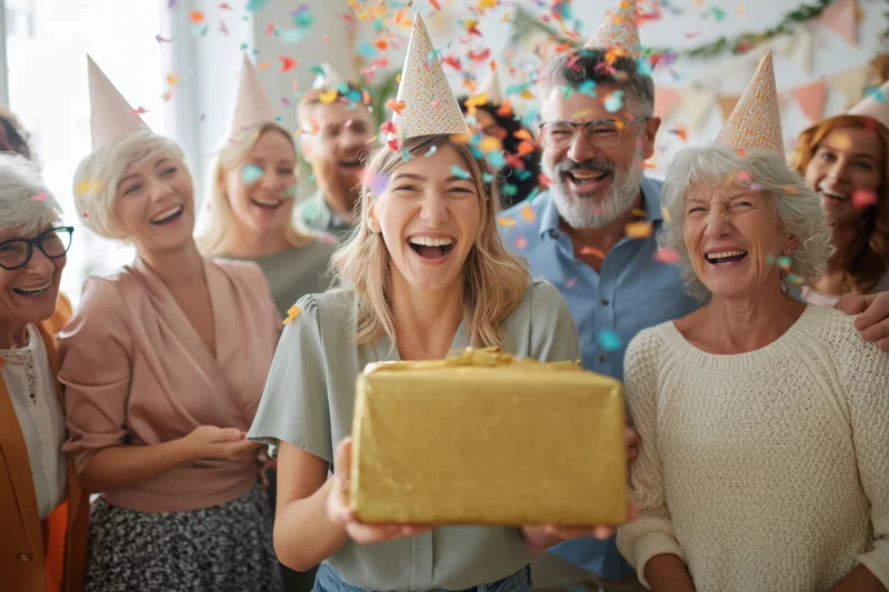 Woman holding wrapped gift at family birthday party with confetti and party hats