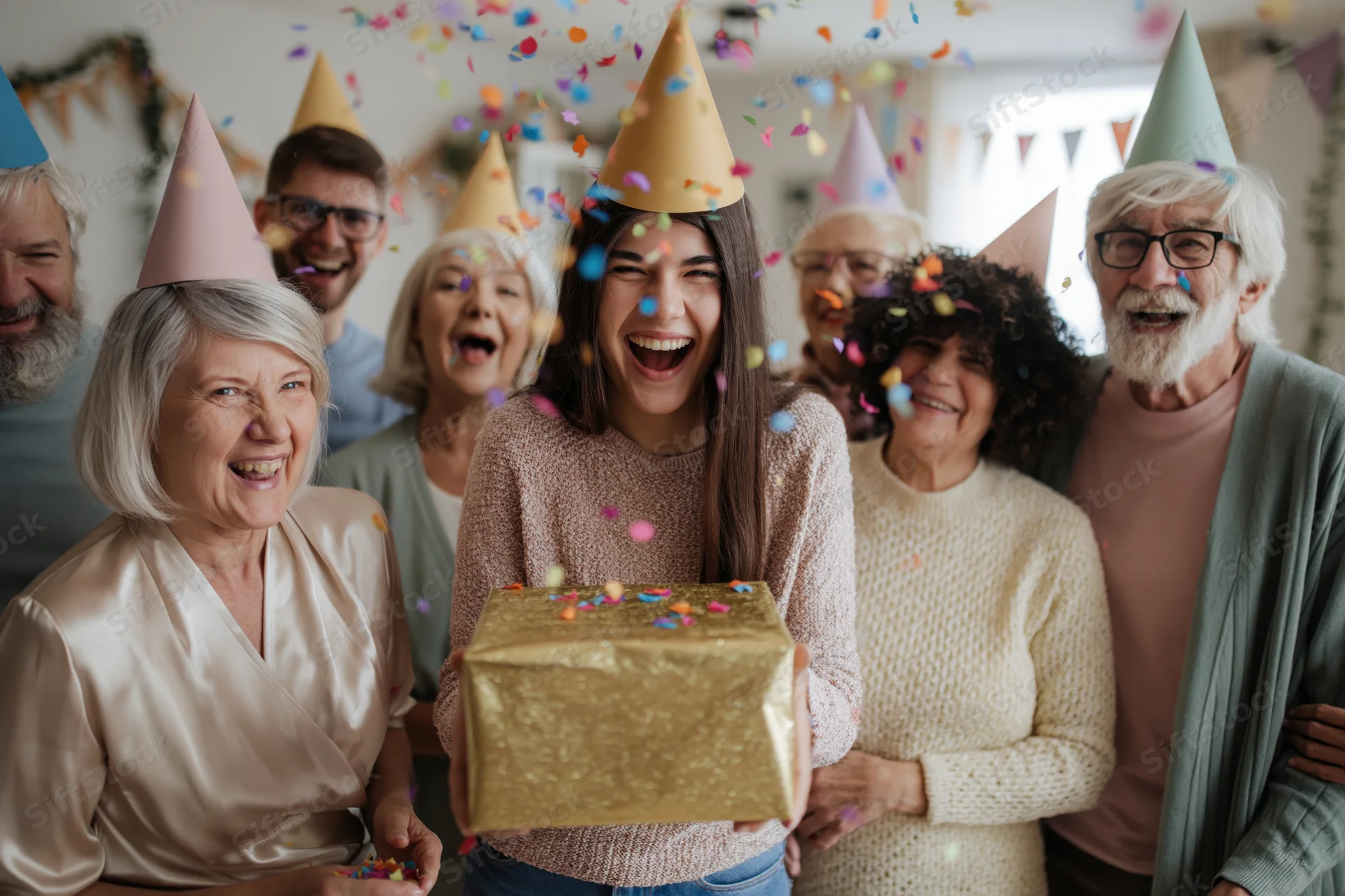 Multigenerational family celebrating birthday indoors with confetti and gift