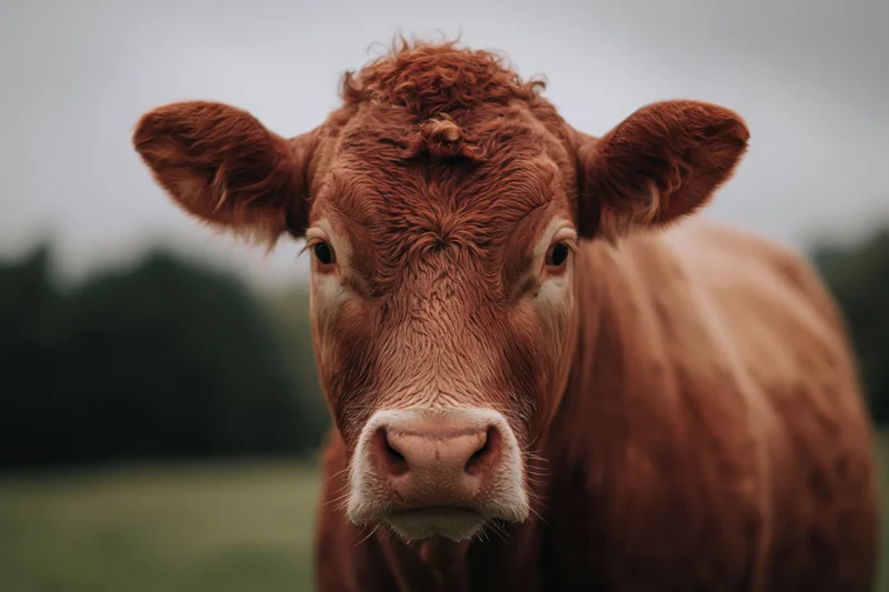 Red-brown limousin cow staring directly into the lens in a grassy field