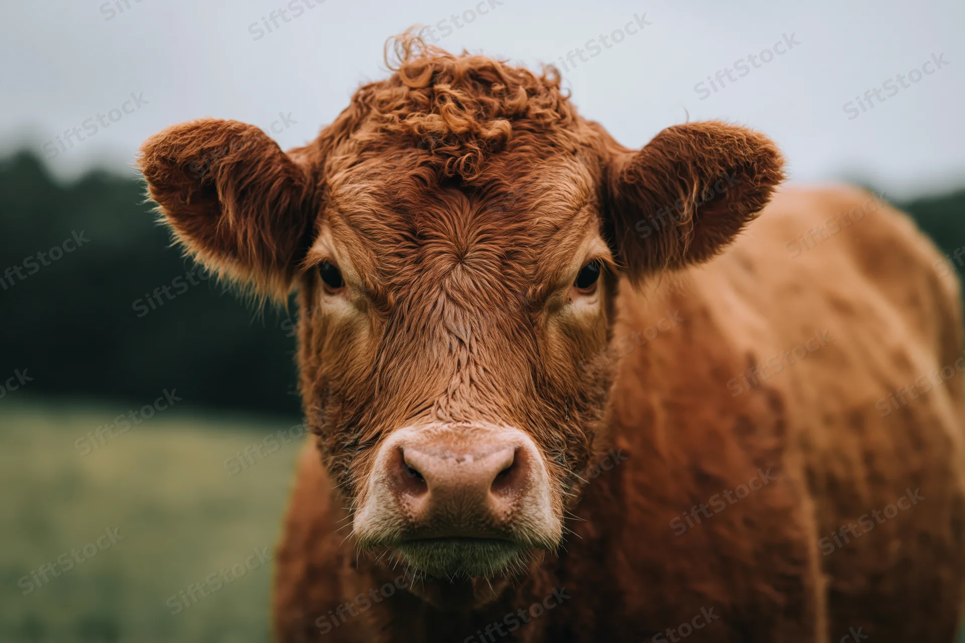 Red-brown limousin cow facing camera in a grassy field