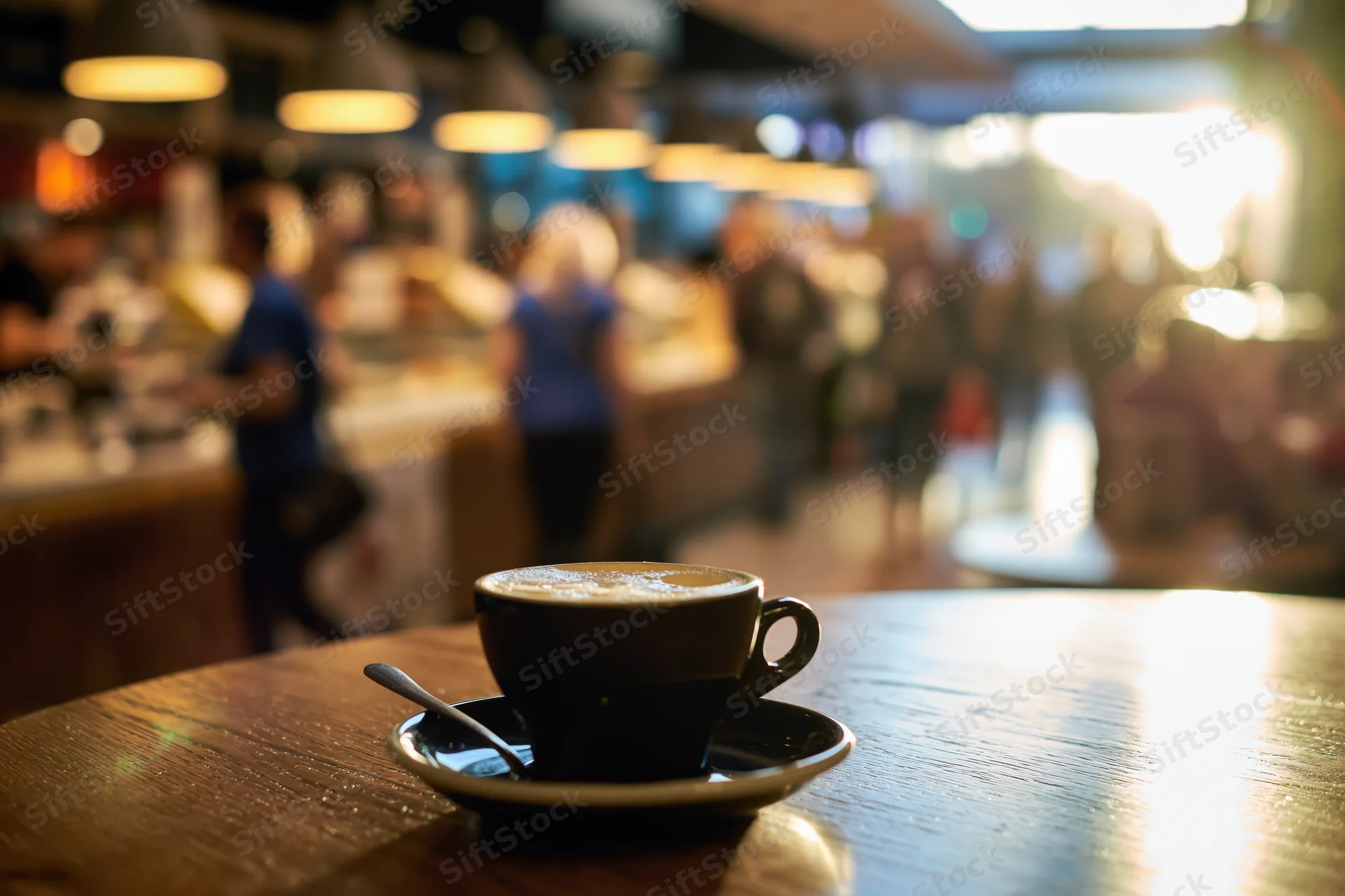 Black ceramic cappuccino cup with foam on wooden table in cafe interior