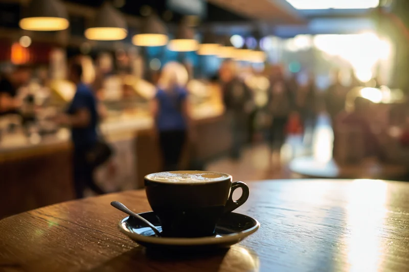 Black ceramic cappuccino cup with foam on wooden table in cafe interior