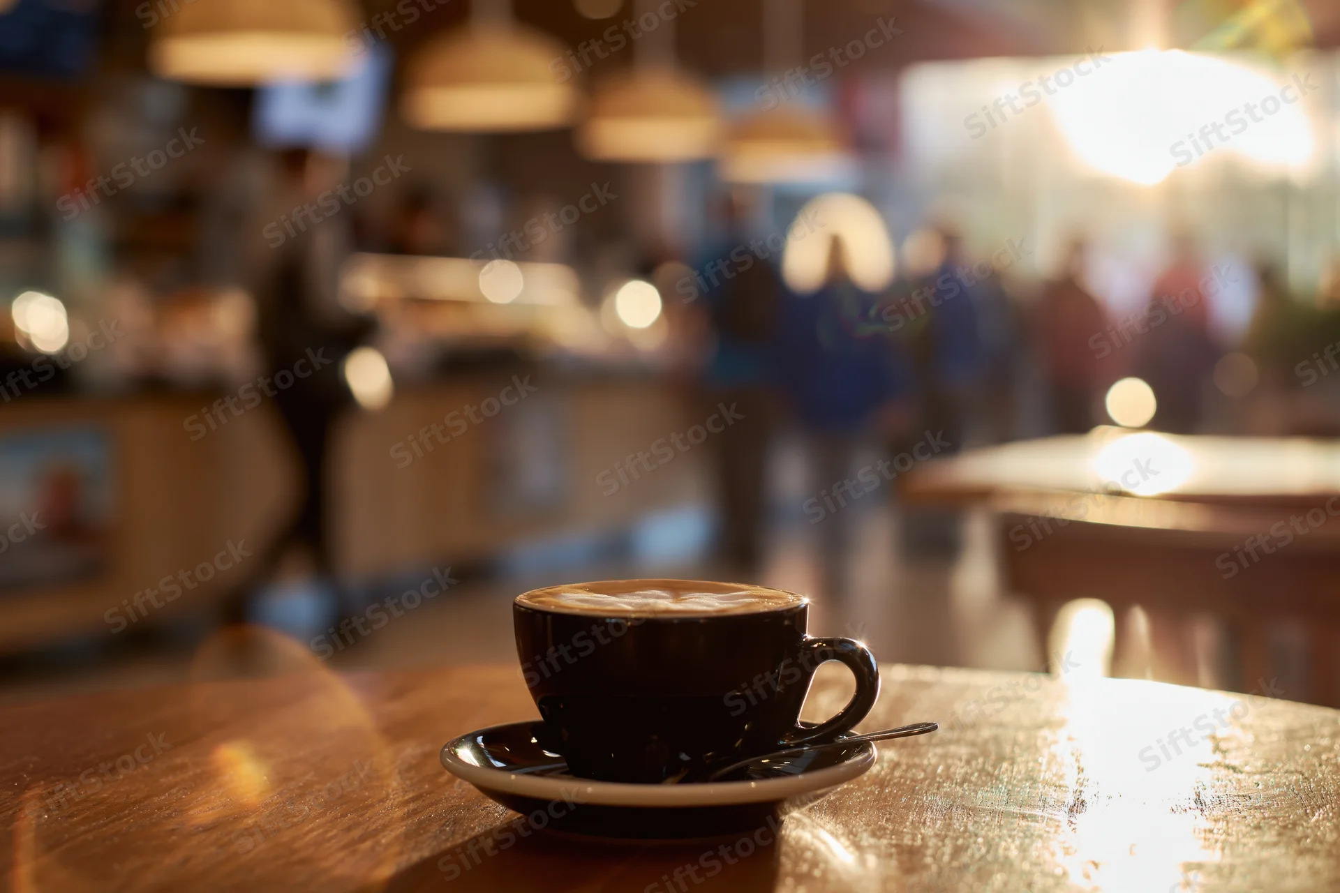 Black ceramic cappuccino cup with foam on wooden table in cafe interior