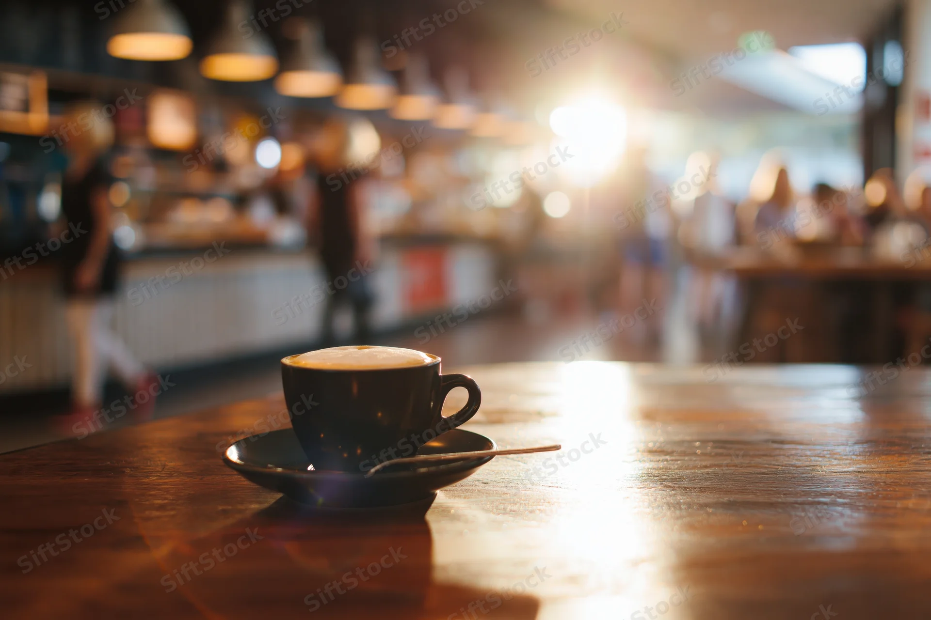 Black ceramic cappuccino cup with foam on wooden table in cafe interior