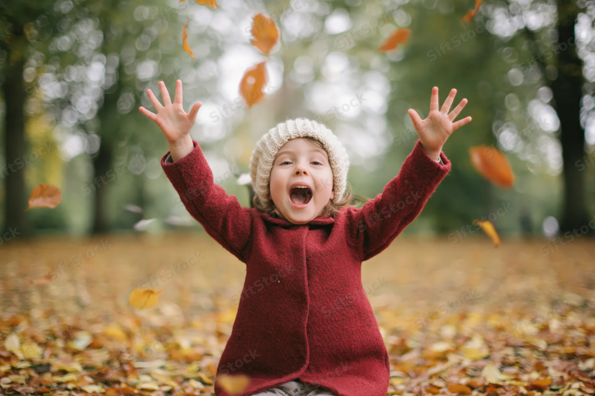 Young girl sitting on ground in autumn park with arms raised and leaves falling around her