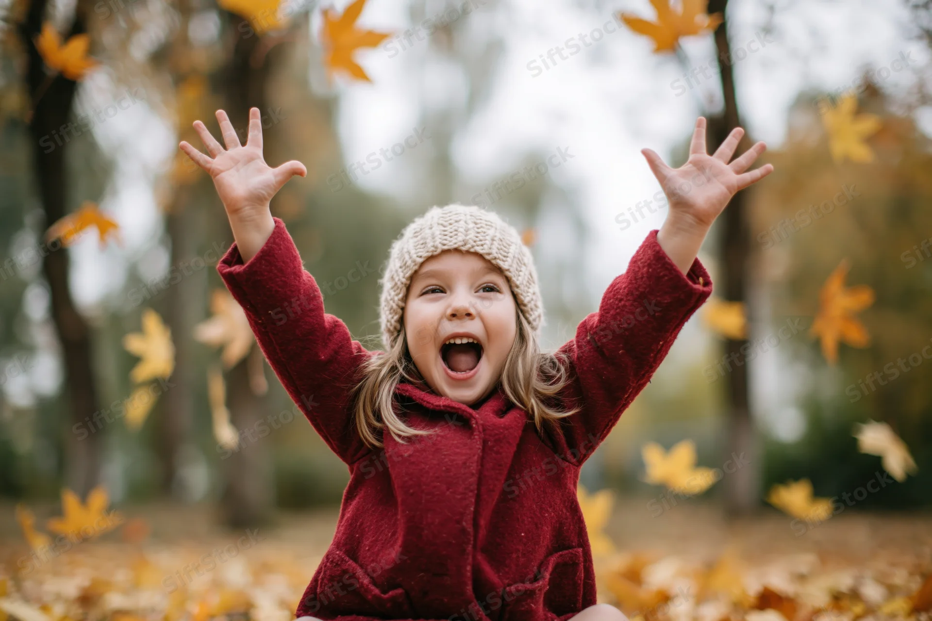 Young girl sitting on ground in autumn park with arms raised and leaves falling around her