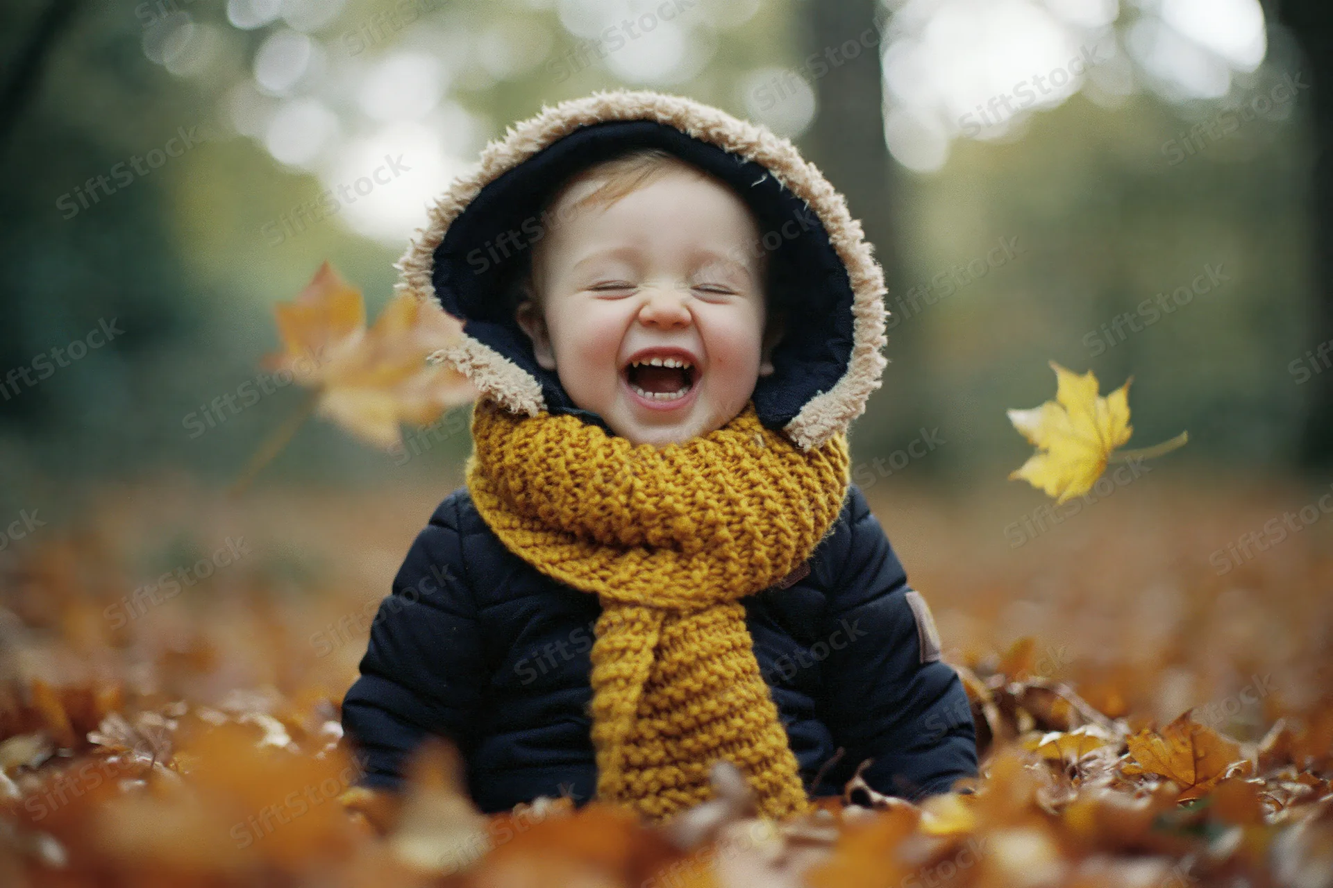 Toddler laughing in a pile of fallen autumn leaves in a park