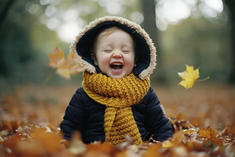 Toddler laughing in a pile of fallen autumn leaves in a park