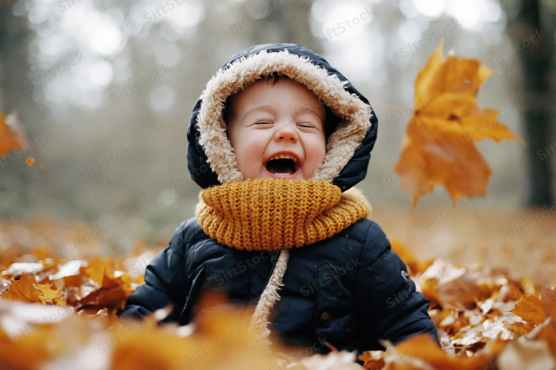 Toddler laughing in a pile of fallen autumn leaves in a park