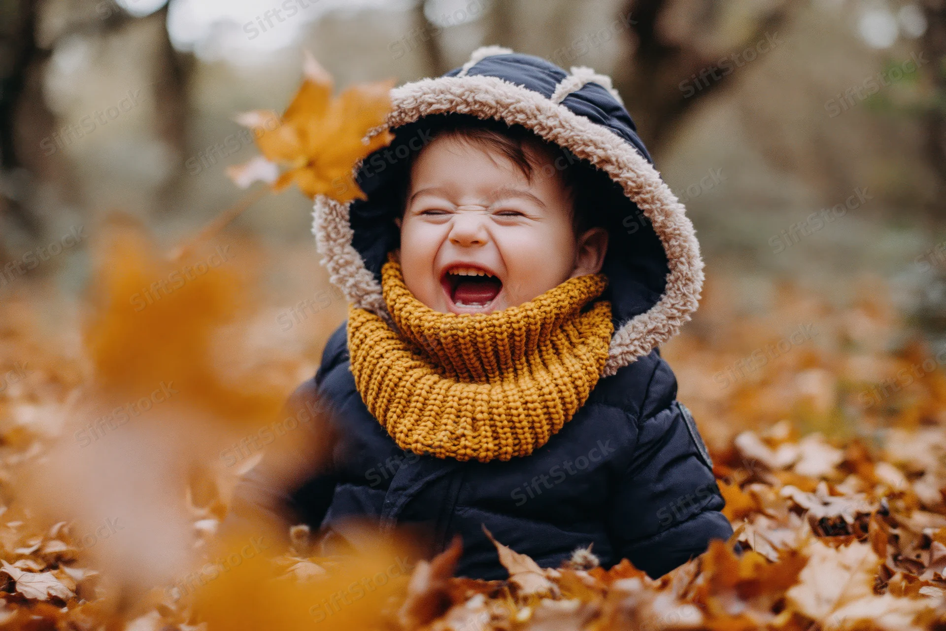 Toddler laughing in a pile of fallen autumn leaves outdoors