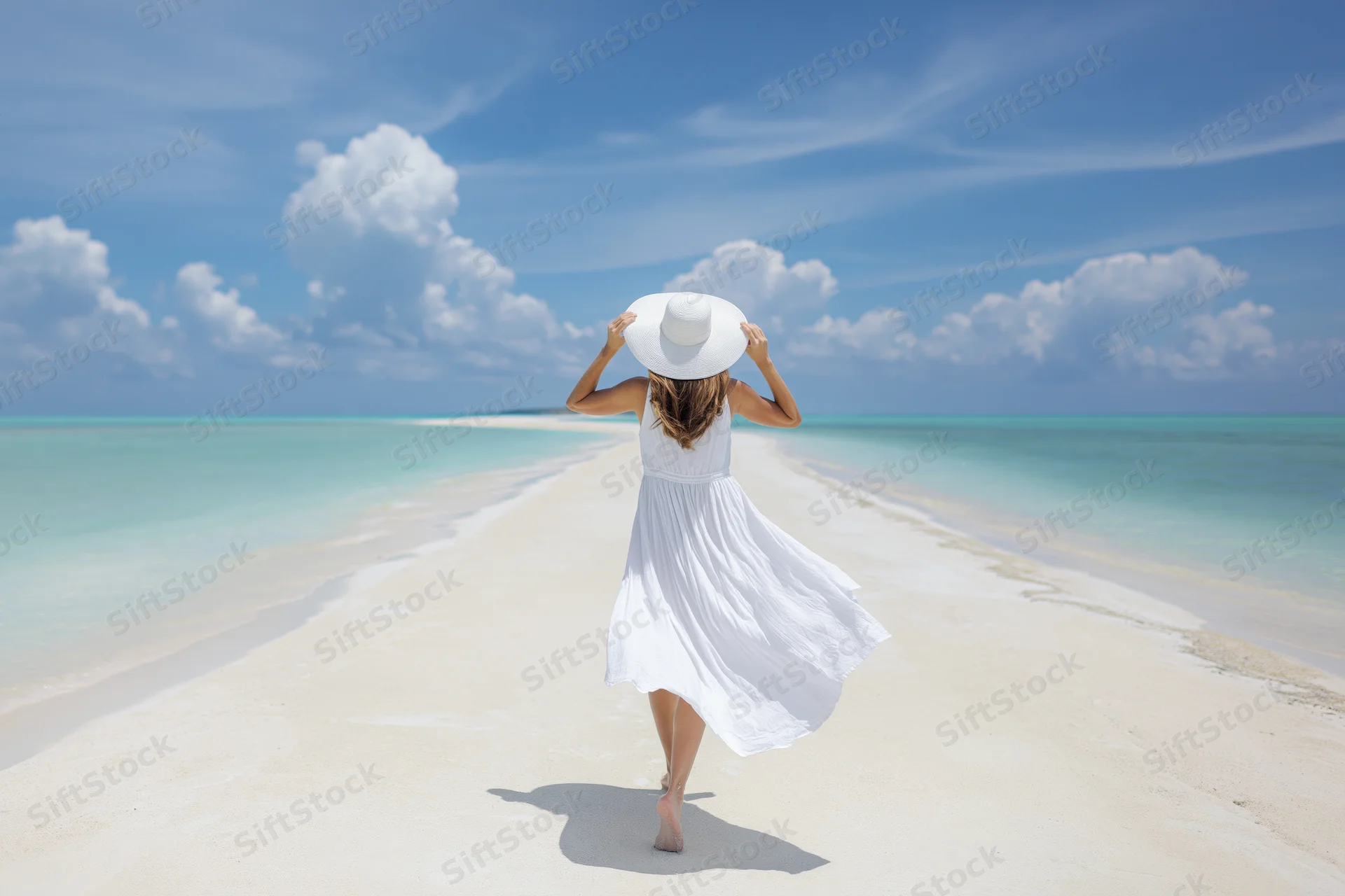 Woman walking barefoot along a narrow sandbank toward turquoise ocean under blue sky with clouds