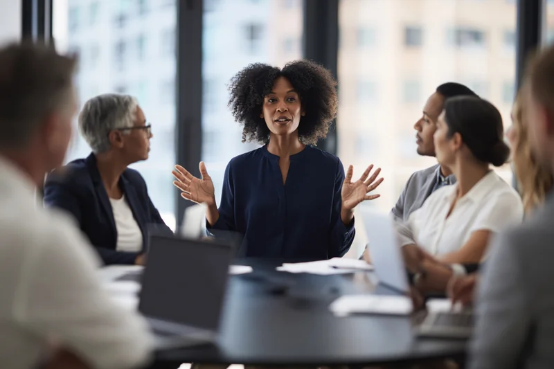 Young black woman leading discussion at conference table in office meeting