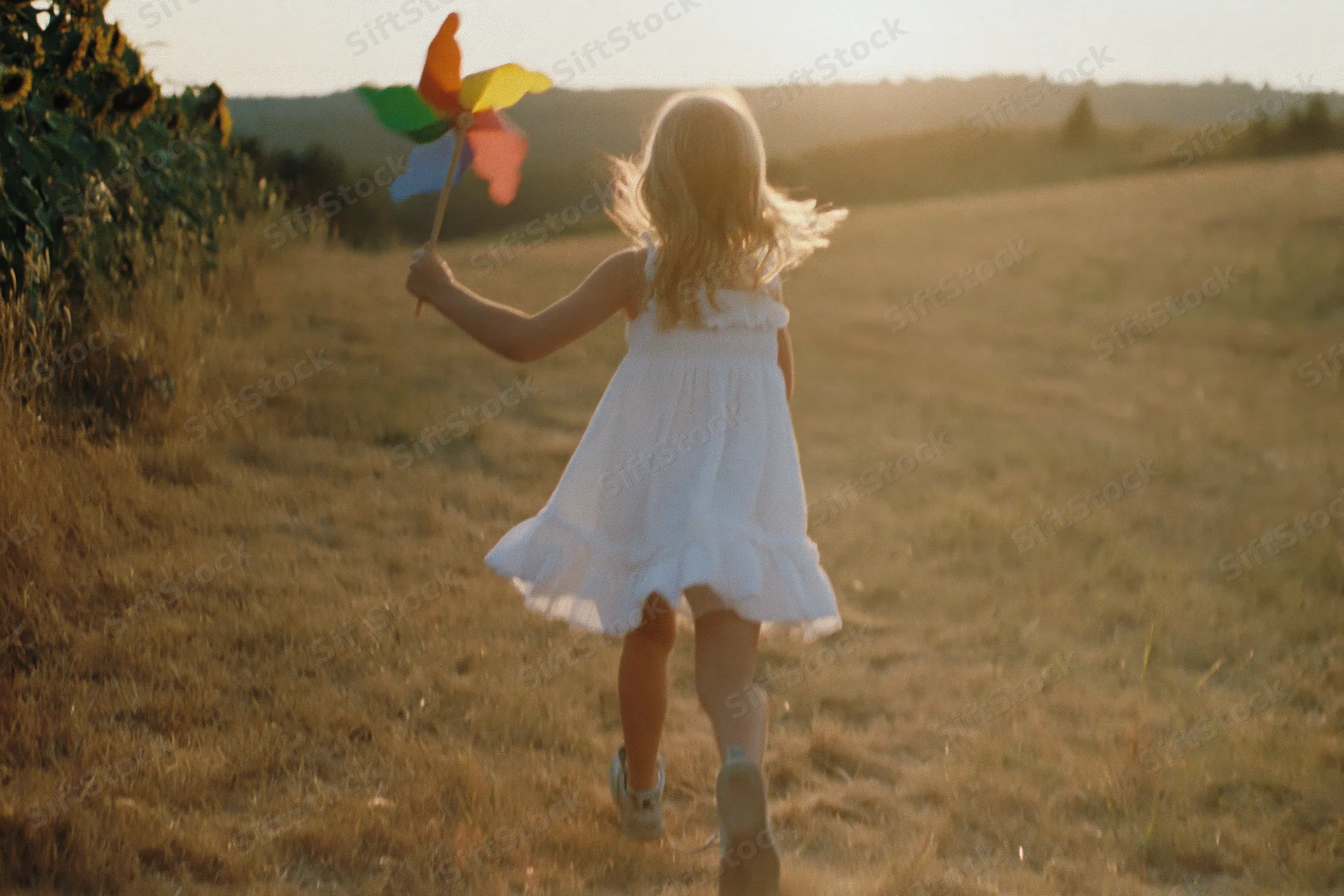 Young blonde girl running through a sunlit field holding a colorful pinwheel