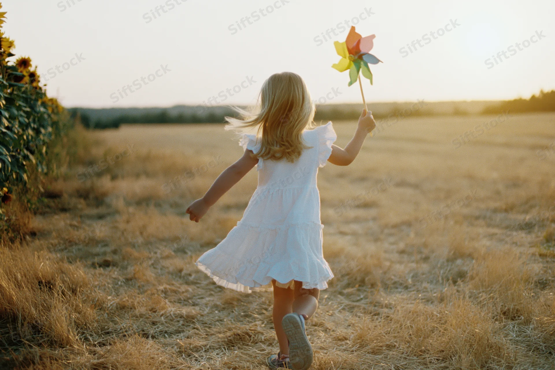 Young blonde girl running through a sunlit field holding a pinwheel
