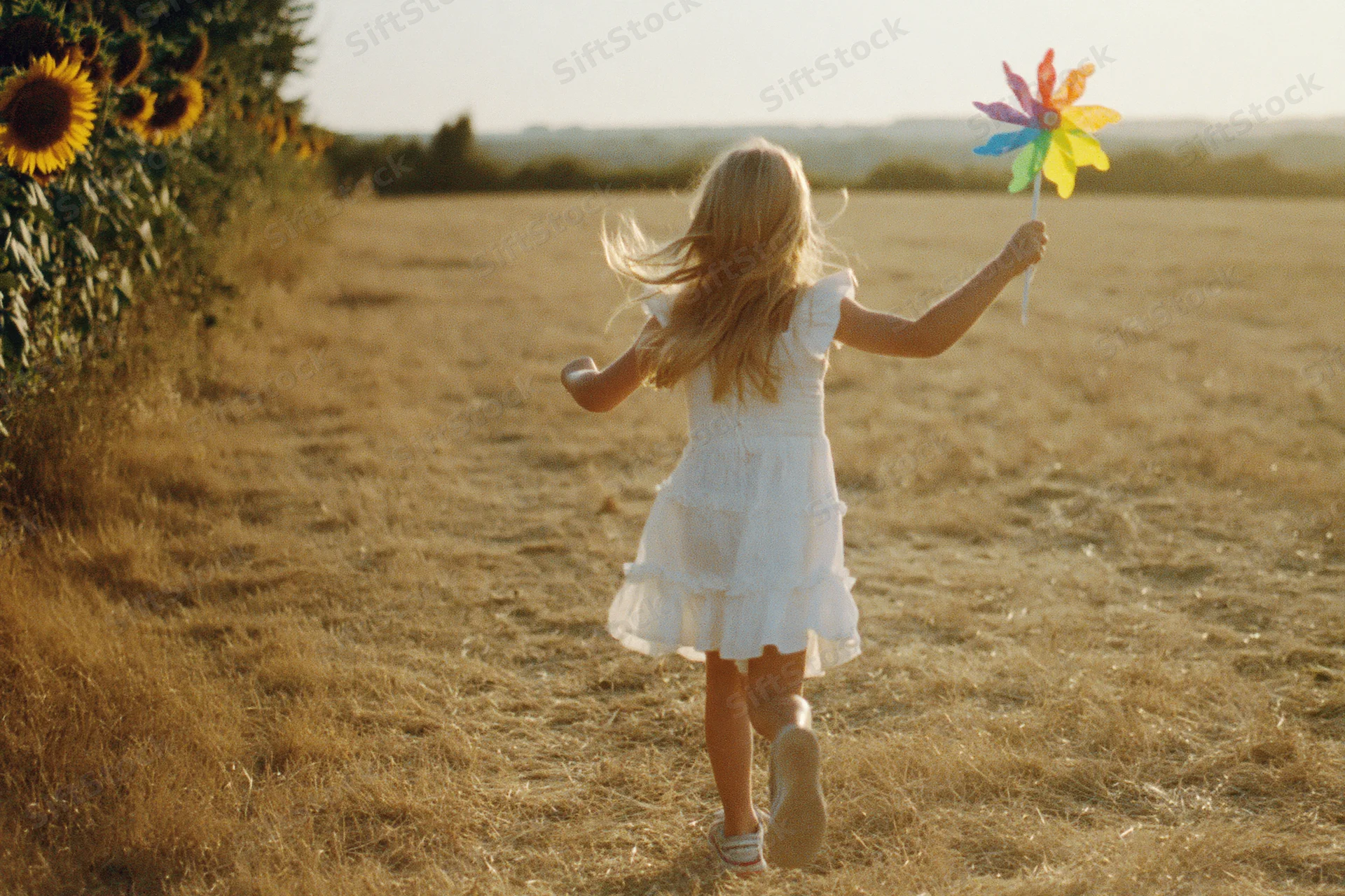 Young blonde girl running through a sunlit field holding a colorful pinwheel, back to camera, golden hour light