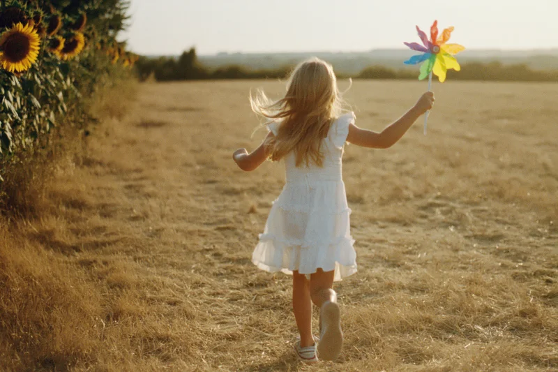 Young blonde girl running through a sunlit field holding a colorful pinwheel, back to camera, golden hour light