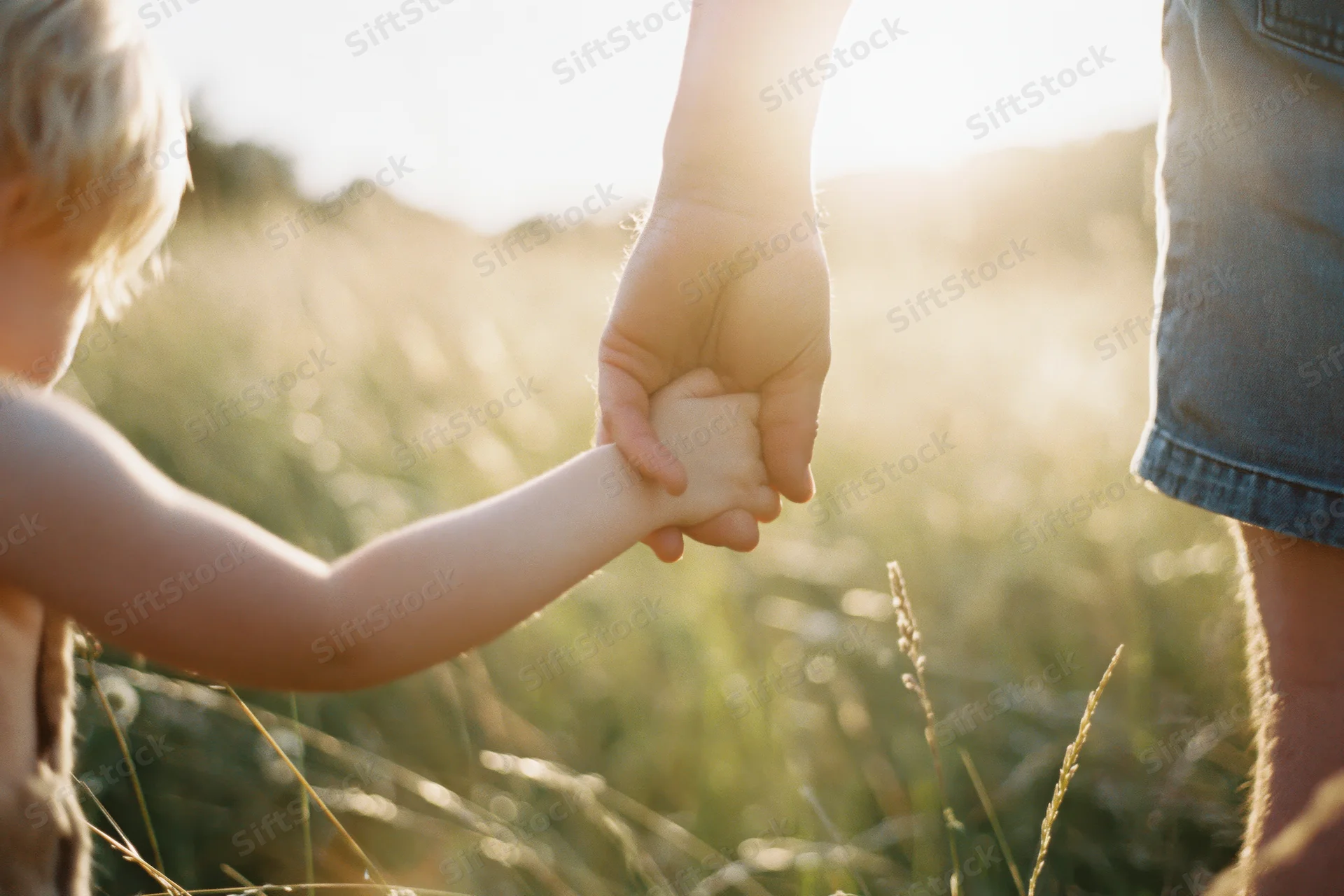 Child holding adult's hand in tall grass meadow at golden hour