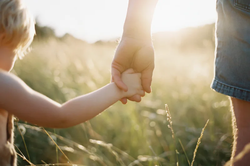 Child holding adult's hand in tall grass meadow at golden hour