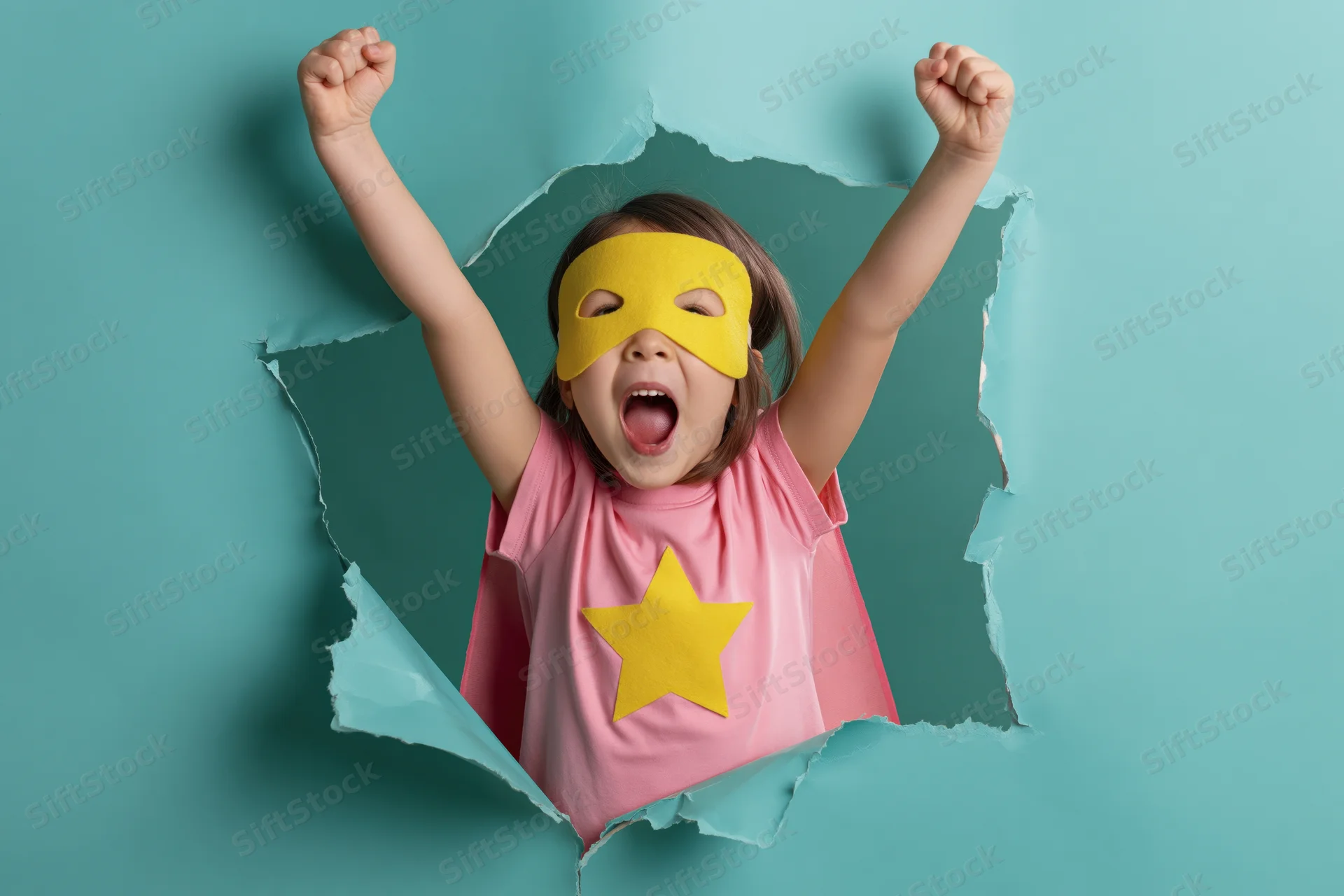 Young girl in superhero costume bursting through paper with arms raised and shouting