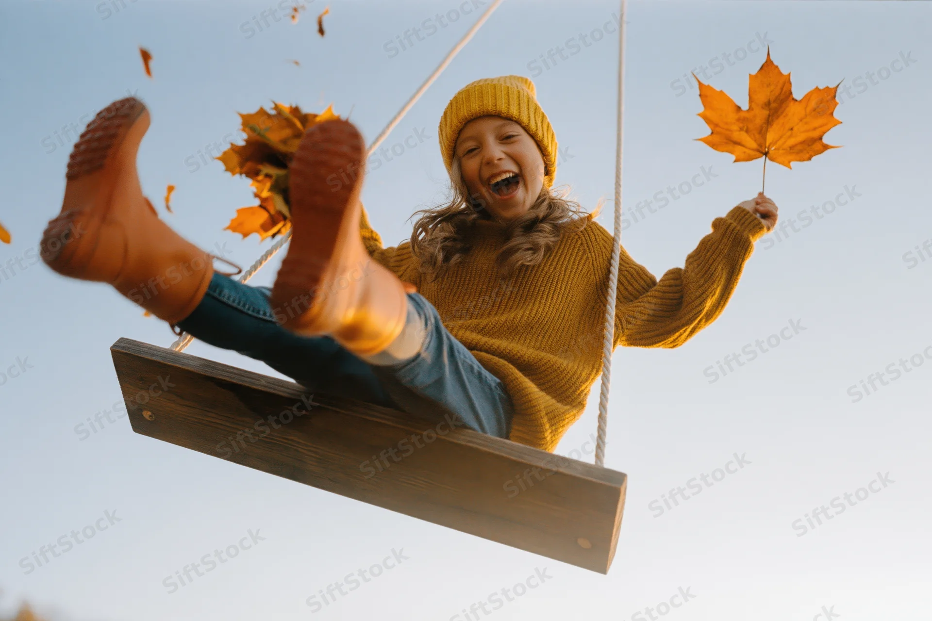 Young girl laughing on wooden swing holding autumn leaf outdoors