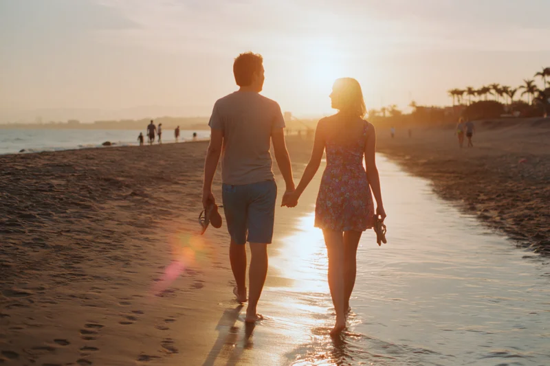 Young couple holding hands walking barefoot along wet sand at sunset on beach