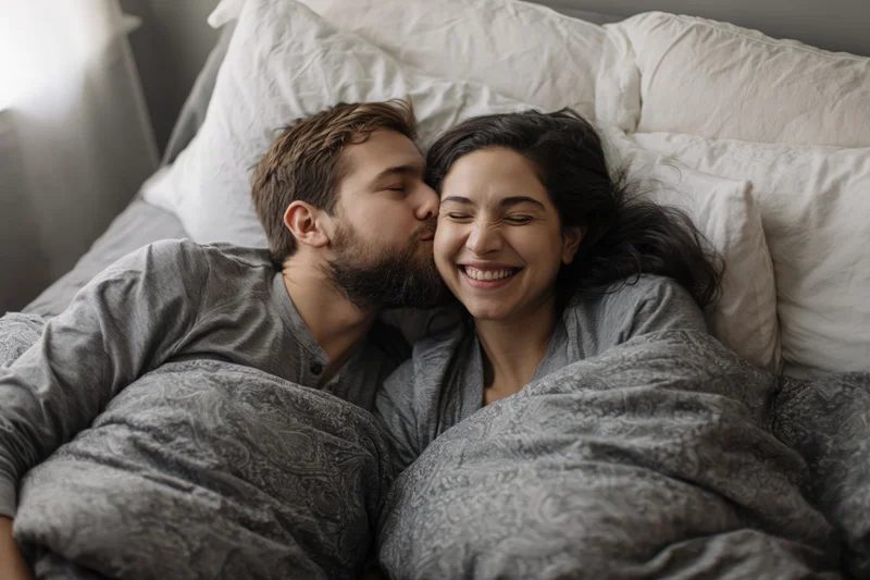 Young couple cuddling in bed with man kissing woman's cheek, both smiling under gray blanket