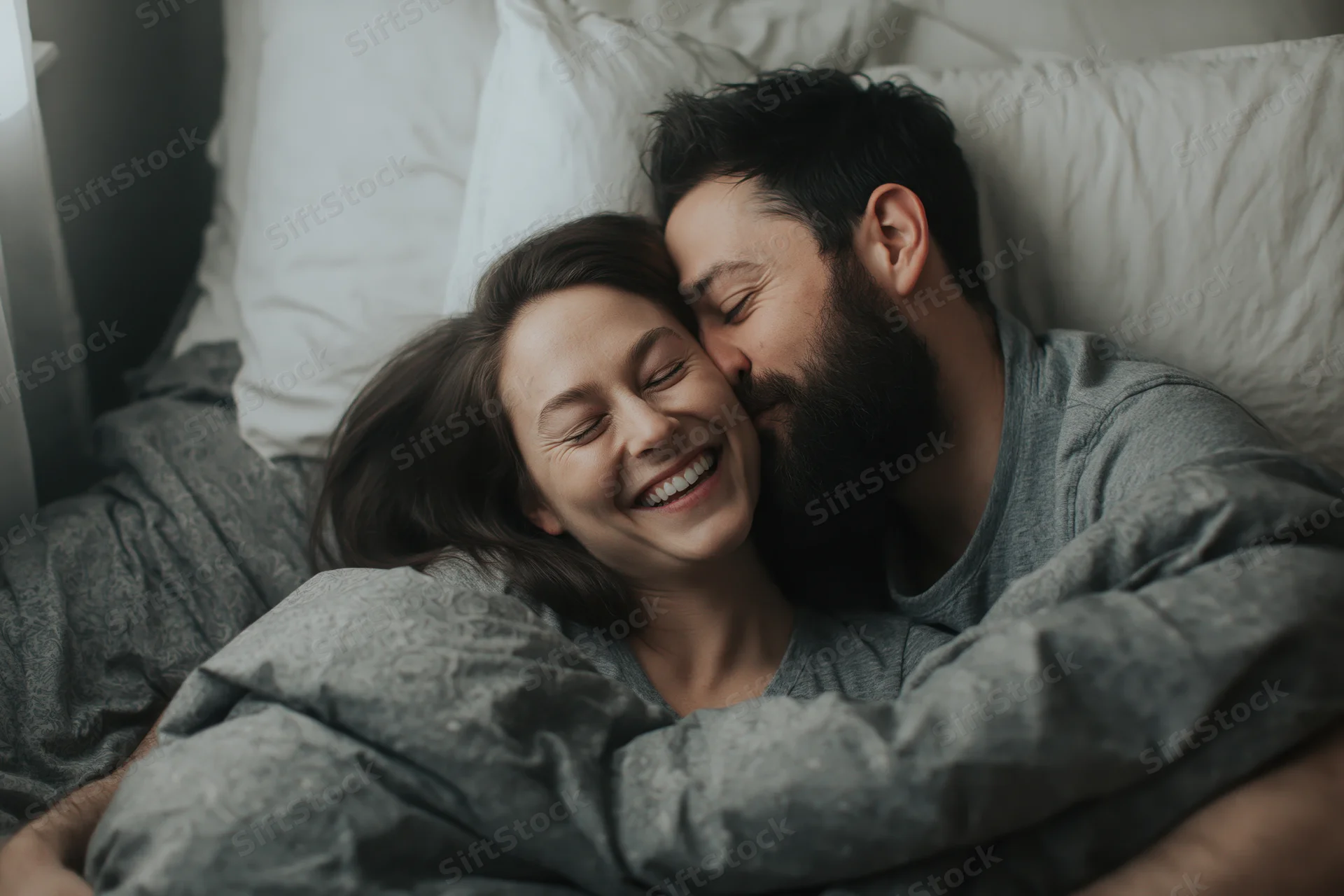 Young couple cuddling in bed with man kissing woman’s cheek, both smiling under gray blanket and white pillows