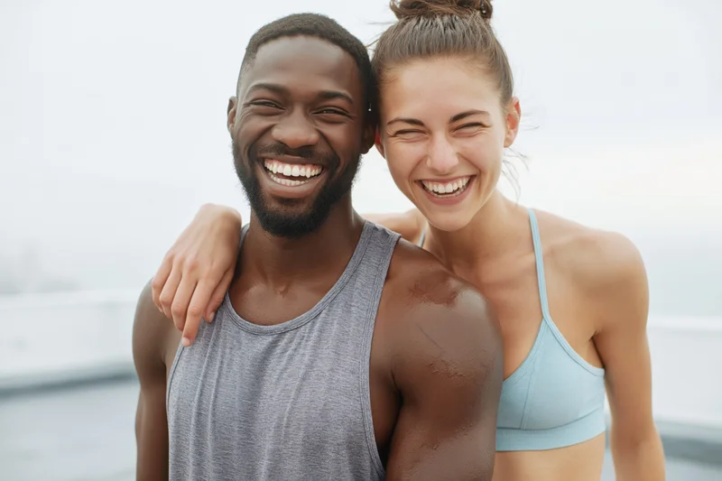 Young interracial couple laughing together in workout clothes outdoors