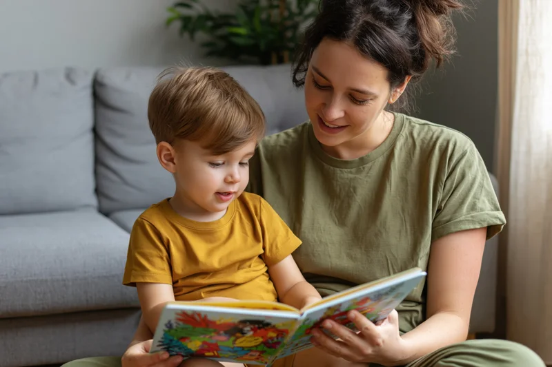 Mother and toddler reading a book together on the floor in a living room