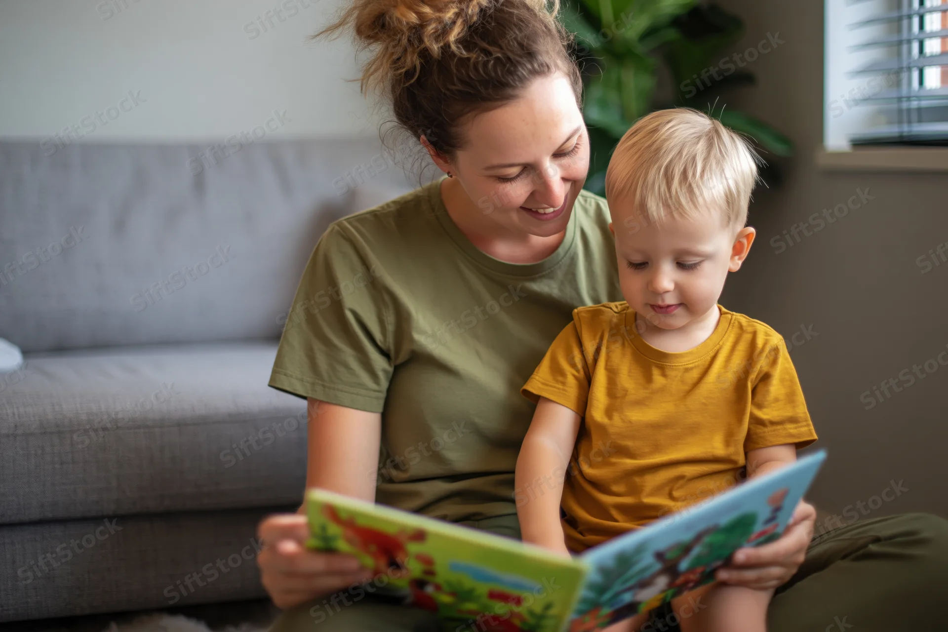 Mother reading a book with her toddler son on the floor at home
