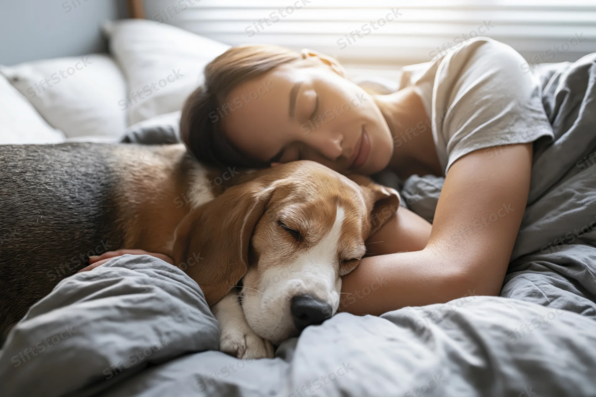 Young woman sleeping peacefully in bed with her beagle dog