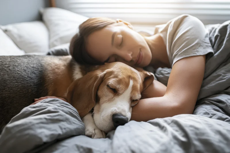 Young woman sleeping peacefully in bed with her beagle dog