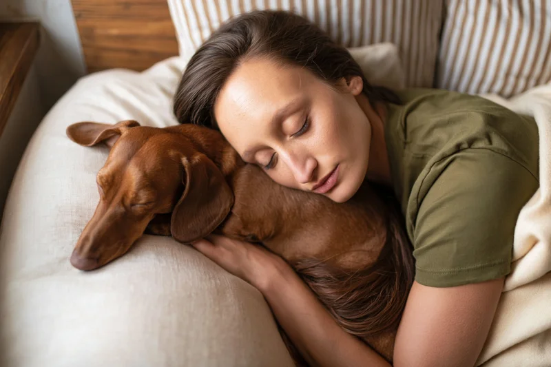 Young woman sleeping peacefully on her side in bed with a dachshund dog, cuddling under a blanket