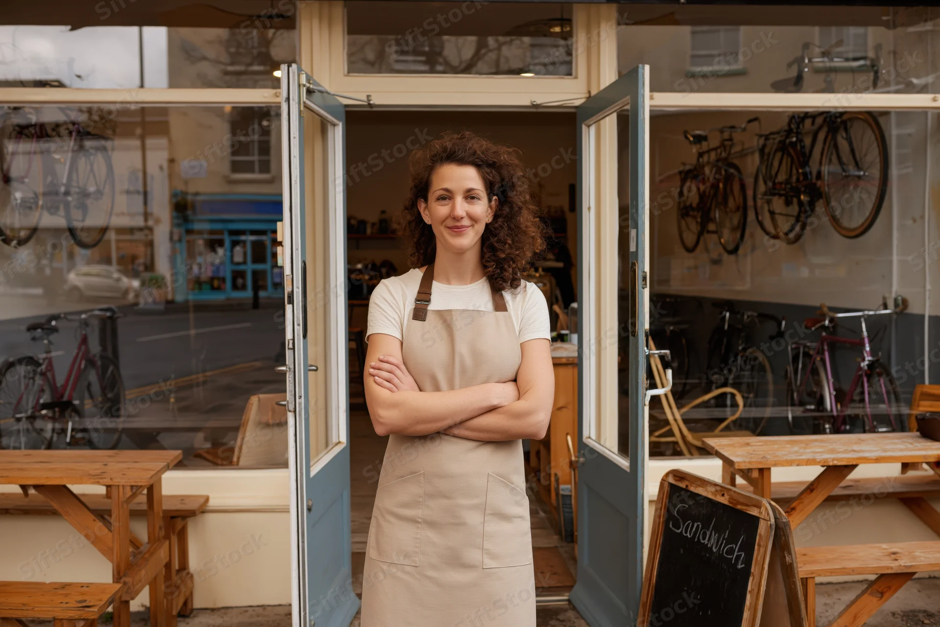 Woman in beige apron standing with arms crossed at open cafe storefront with bicycles visible inside and outdoor seating